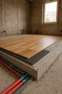 Installation of an underfloor mat for soundproofing and impact noise.